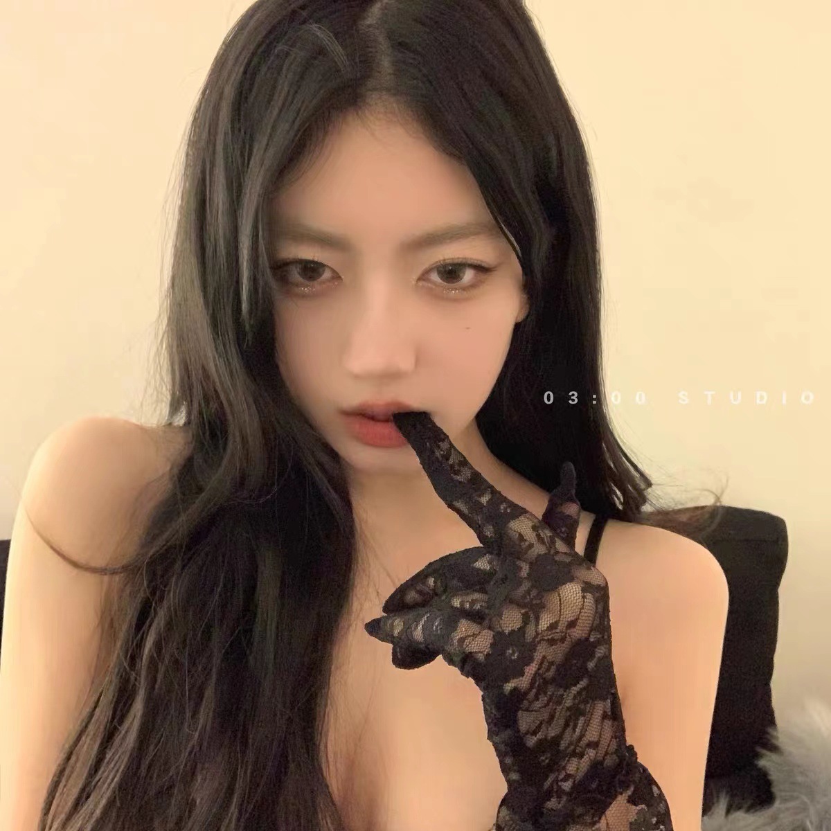 法式短款复古黑色蕾丝花边透视网纱拍照连指手套网红薄款 Vintage