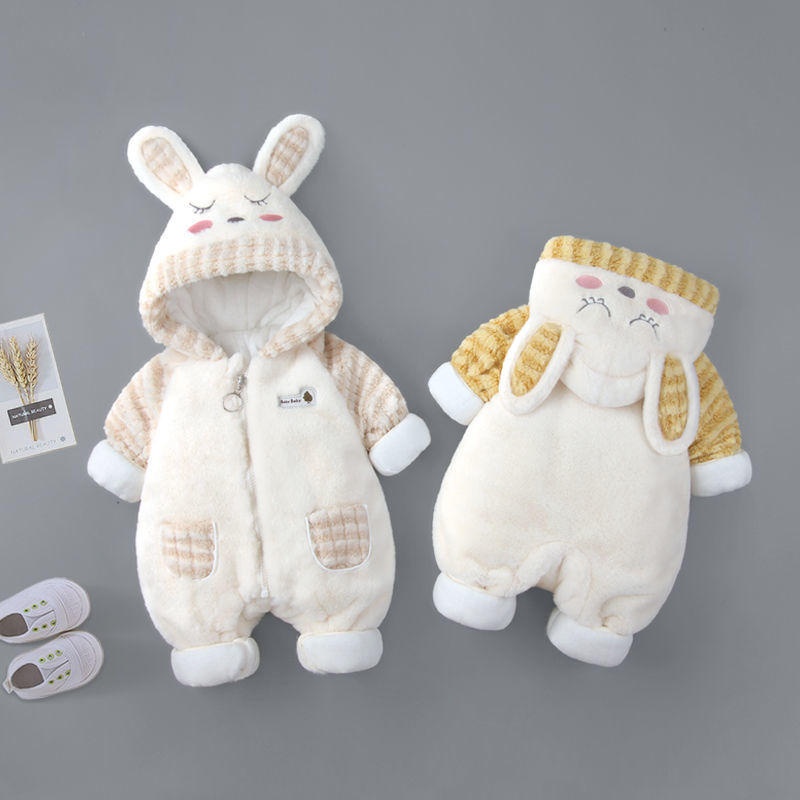 连体衣新生儿冬加厚外出连帽夹棉保暖外套可爱超萌小童男女宝秋冬