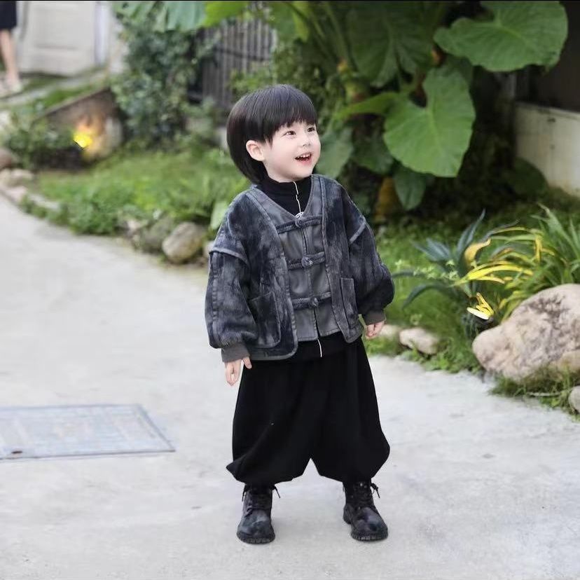 新款儿童灯芯绒套装2023新款加绒国风汉服外套休闲裤宝宝