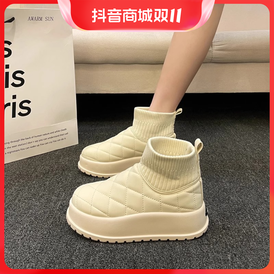 回力瑞面包雪地靴女冬季保暖加绒厚底皮毛一体短靴时尚东北棉鞋女