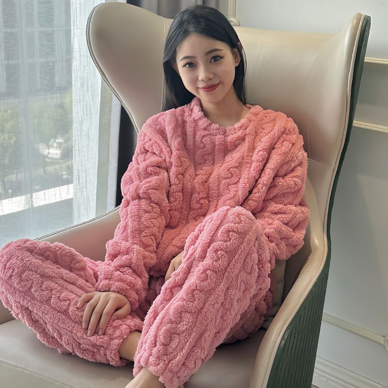 珊瑚绒睡衣冬季女款加绒加厚长袖小香风保暖法兰绒学生家居服套装