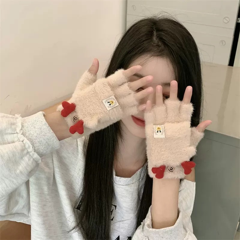 手套冬天女可爱加绒韩版卡通学生写字ins加厚棉保暖防寒毛线半指