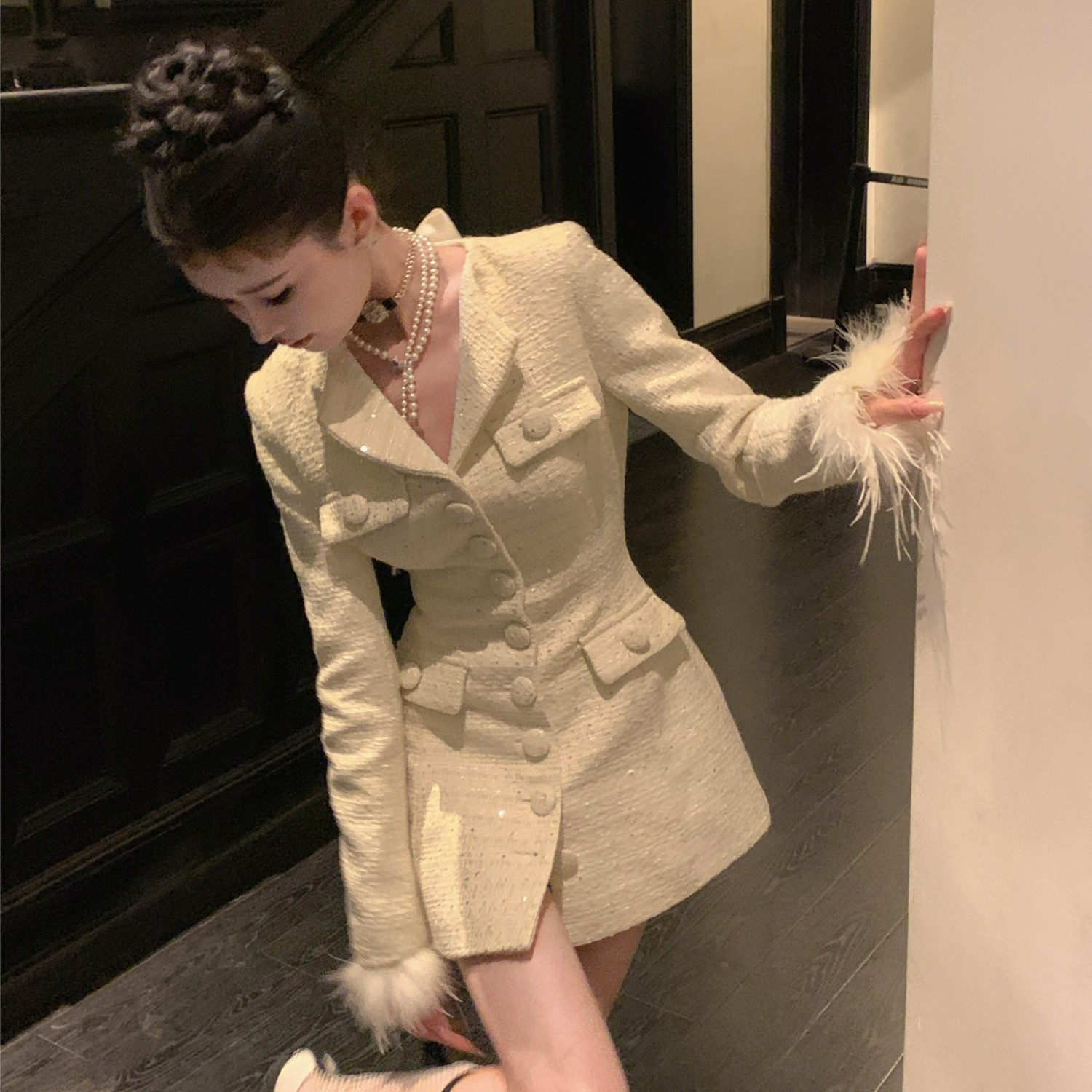 胖mm气质名媛千金高级感西装连衣裙女秋冬季新款小个子收腰显瘦短