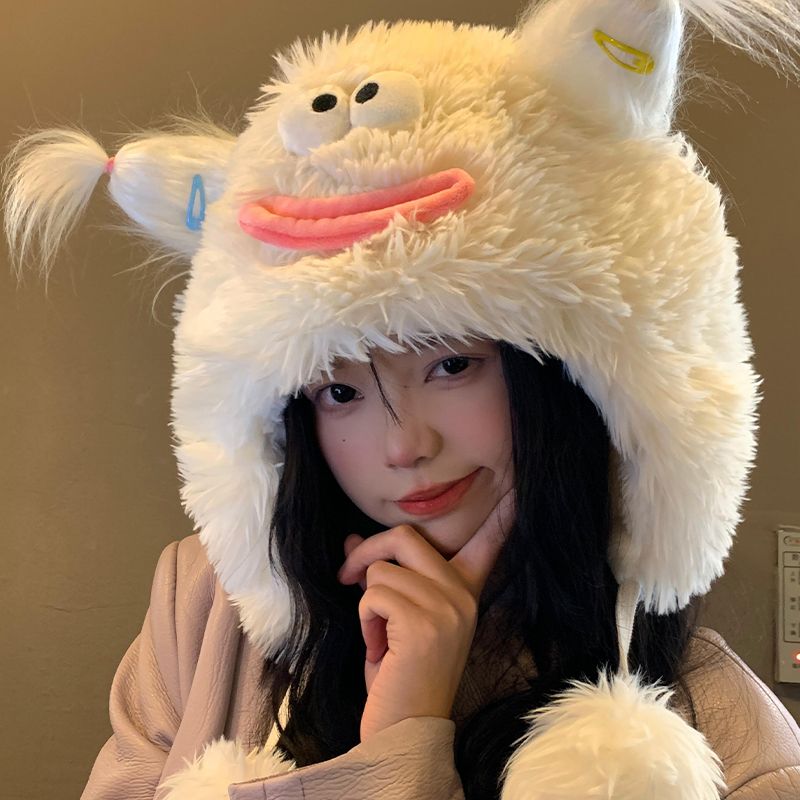 丑萌毛绒帽女秋冬季韩版可爱加绒加厚护耳雷锋帽骑行保暖帽子ACA