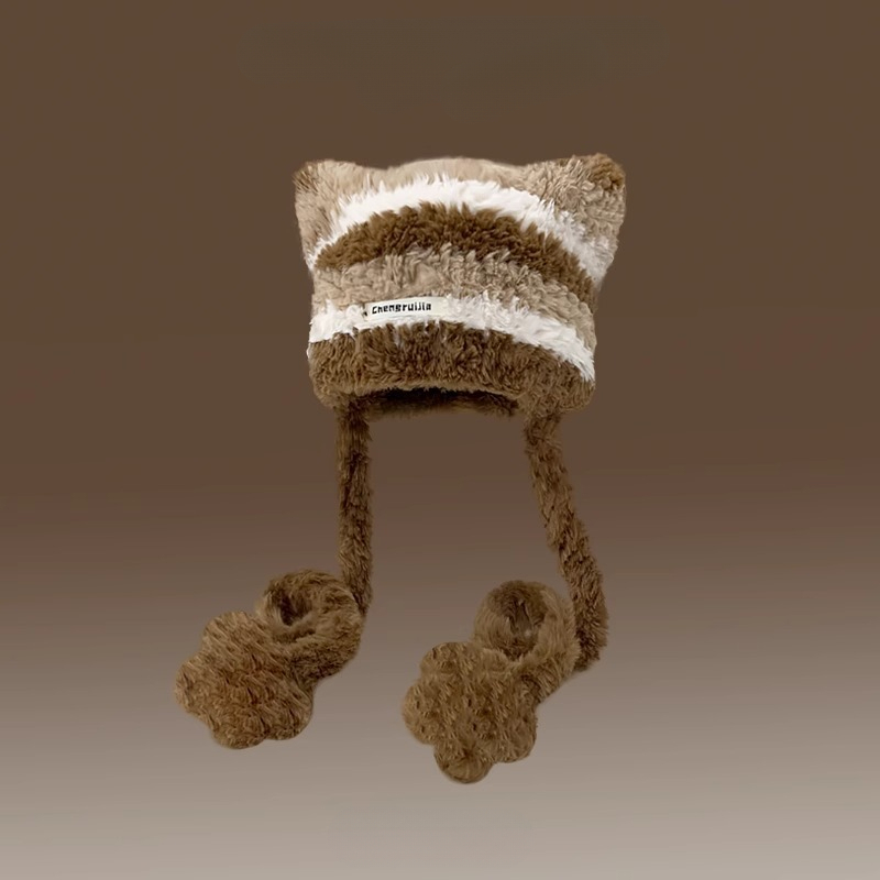 秋冬季新款保暖毛线帽女可爱猫耳朵韩版时尚条纹针织帽网红套头