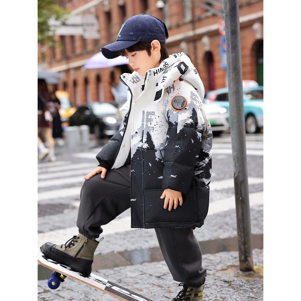 巴拉巴拉童年儿童羽绒服男童中长款2023新款男童冬装加厚白鸭绒外