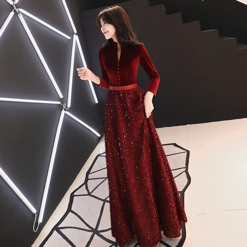 【新品上市】晚礼服裙女2023新款宴会气质敬酒服酒红色新娘秋冬款