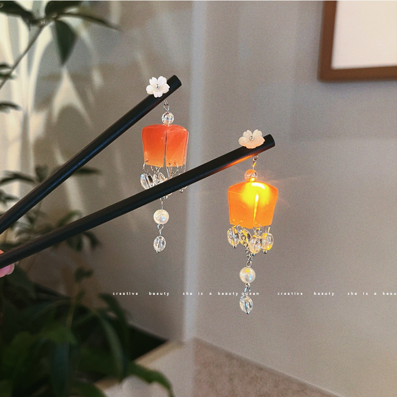 中秋节礼物会发光的宫灯发簪女古风汉服旗袍发钗新中式木簪子头饰