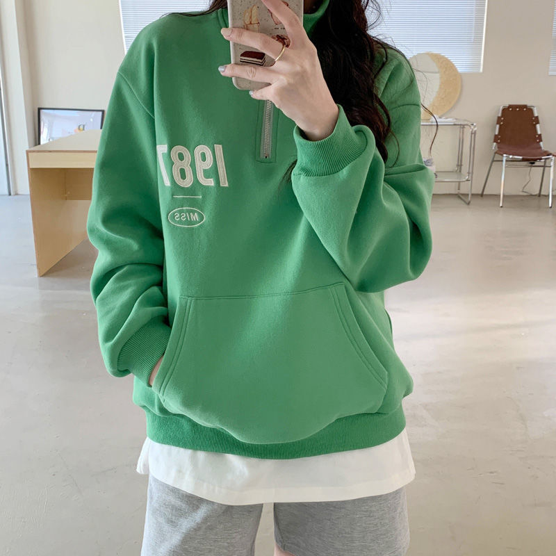 2023秋冬新款加绒加厚半拉链刺绣绿色卫衣女休闲宽松显白套头上衣