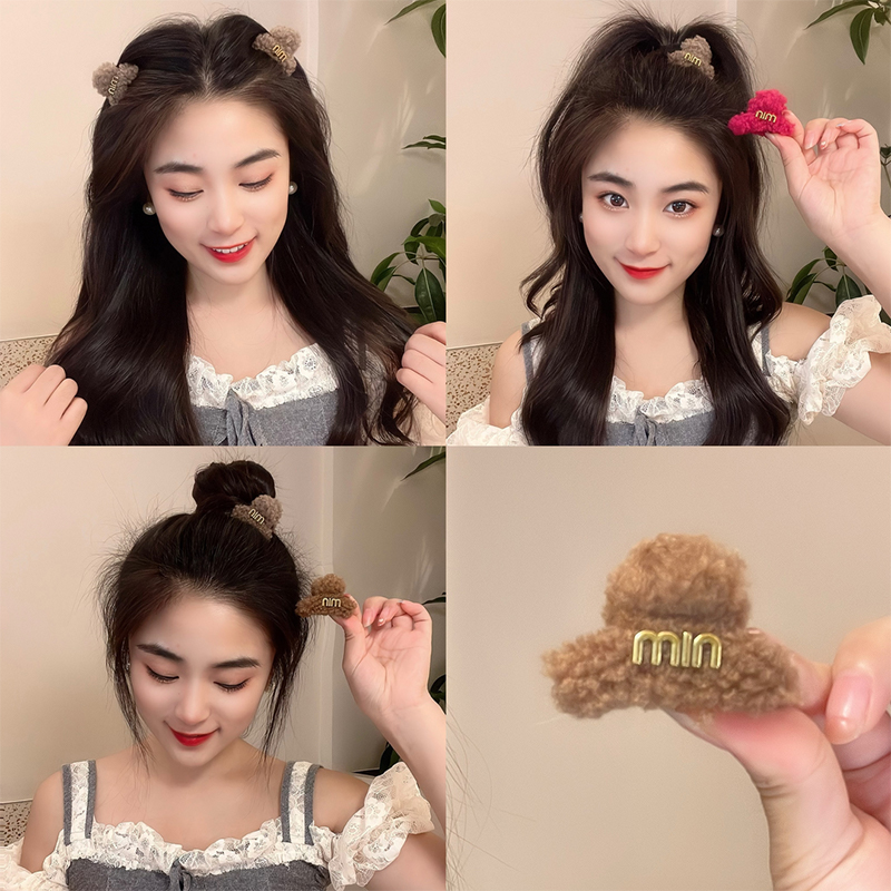秋冬羊羔毛公主头小抓夹女毛绒发夹发饰前额刘海侧边小号夹子头饰