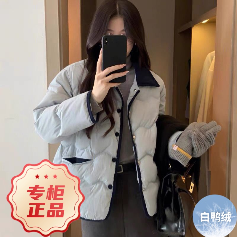 波司澄白鸭绒羽绒服轻薄女短款拼接灯芯绒小香风2023年新款冬季保