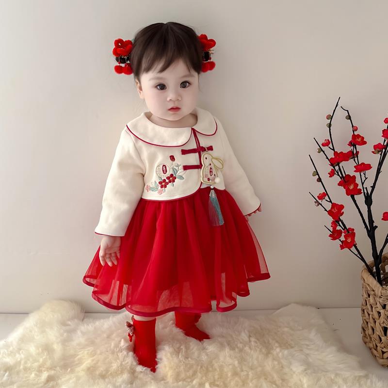 女童秋冬新款婴幼儿周岁礼服宝宝女孩公主洋派加绒洋装拜年冬装