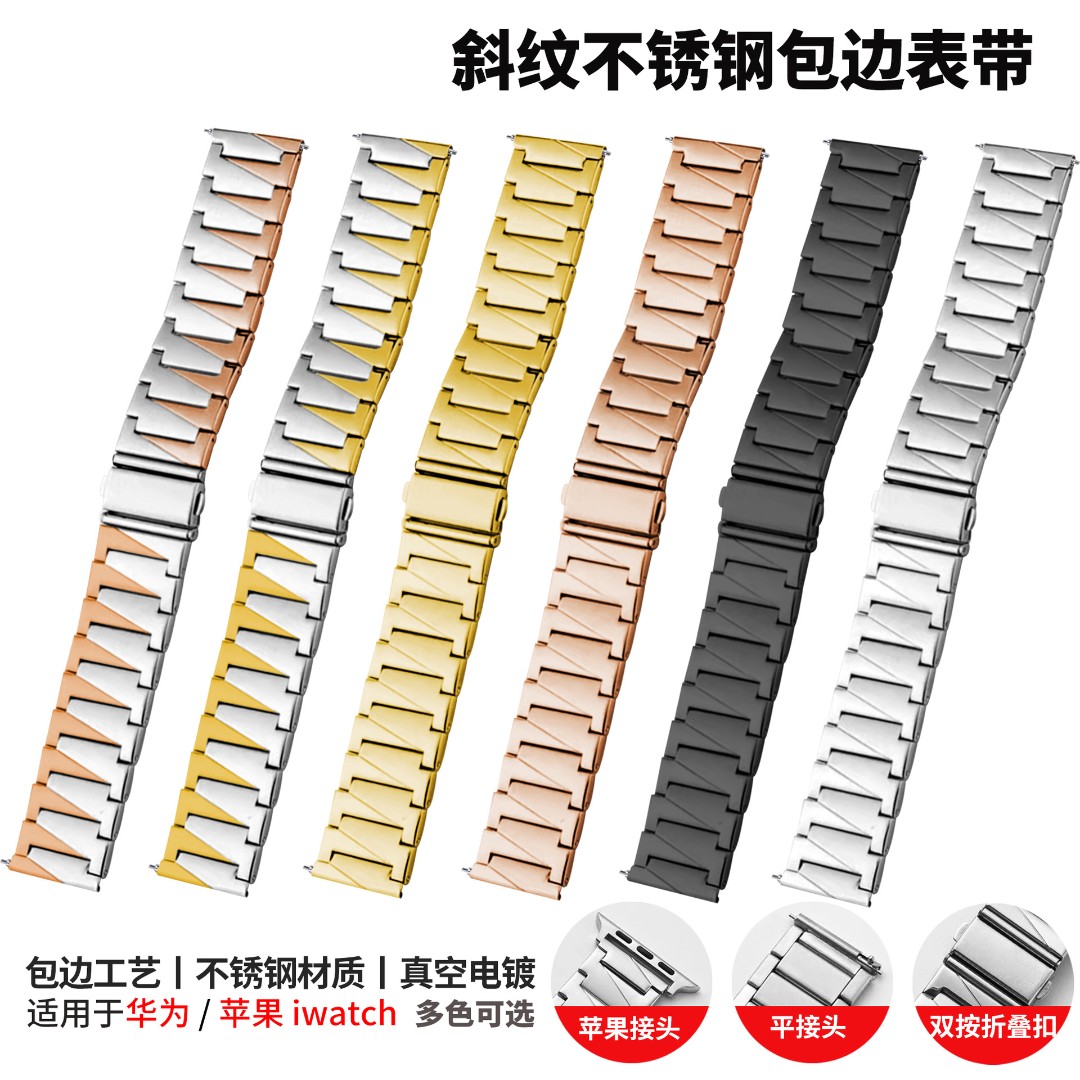 适用苹果applewatch斜纹包边不锈钢表带iwatch折叠扣智能手表表带