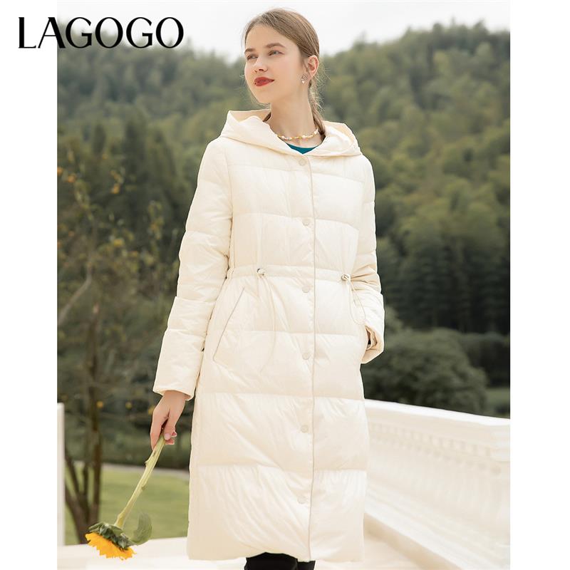 Lagogo拉谷谷冬季新款简约米色连帽中长款加厚修身羽绒服女保暖