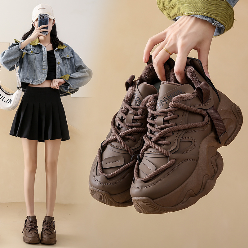 回力瑞厚底加绒老爹鞋女款皮面秋冬增高百搭休闲ins潮运动女鞋子