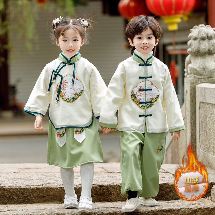 汉服秋冬装宝宝中国风加绒套装男女童2023唐装幼儿元旦古装演出服
