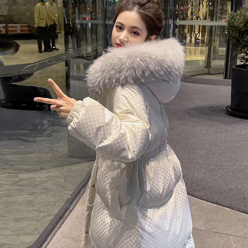 波司登大毛领白色羽绒服女中长款加厚2023新款冬时尚宽松连帽白鸭