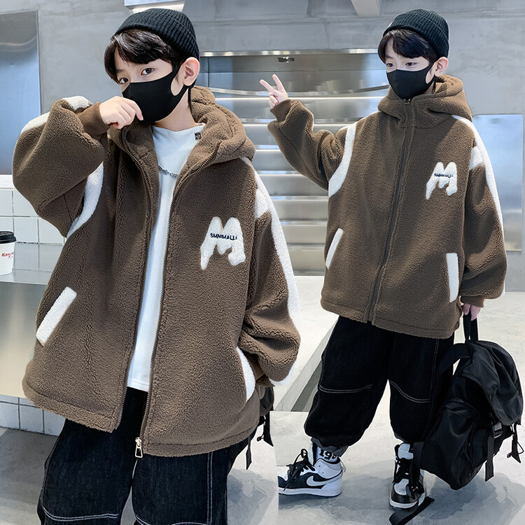 儿童羊羔绒外套男童2023新款秋冬季中大童网红炸街加绒加厚上衣潮