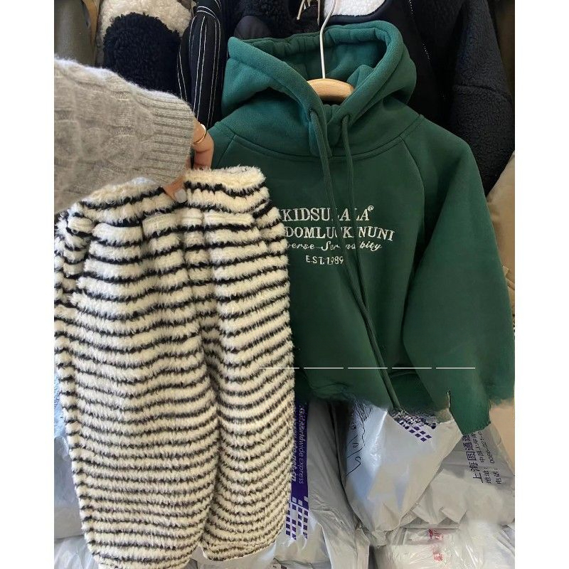 童装男女童裤子秋冬条纹毛绒加绒加厚保暖阔腿裤卫衣宝宝套装