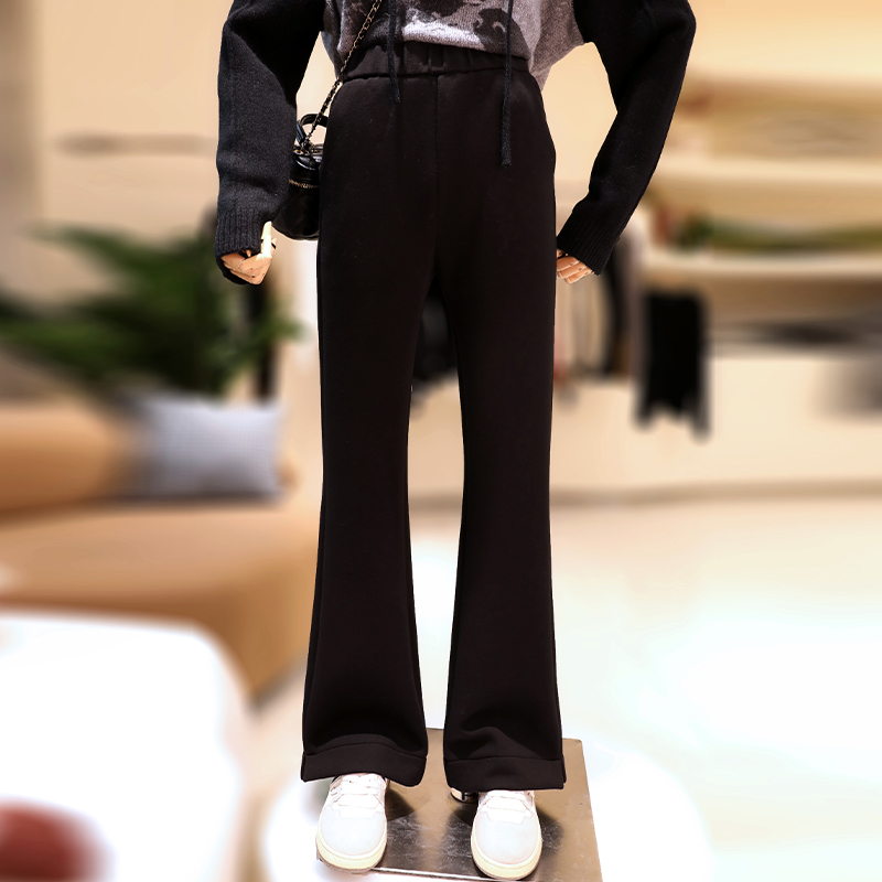【福利】大码加绒微喇叭裤女秋冬休闲裤胖mm黑色显瘦开叉裤子/23721