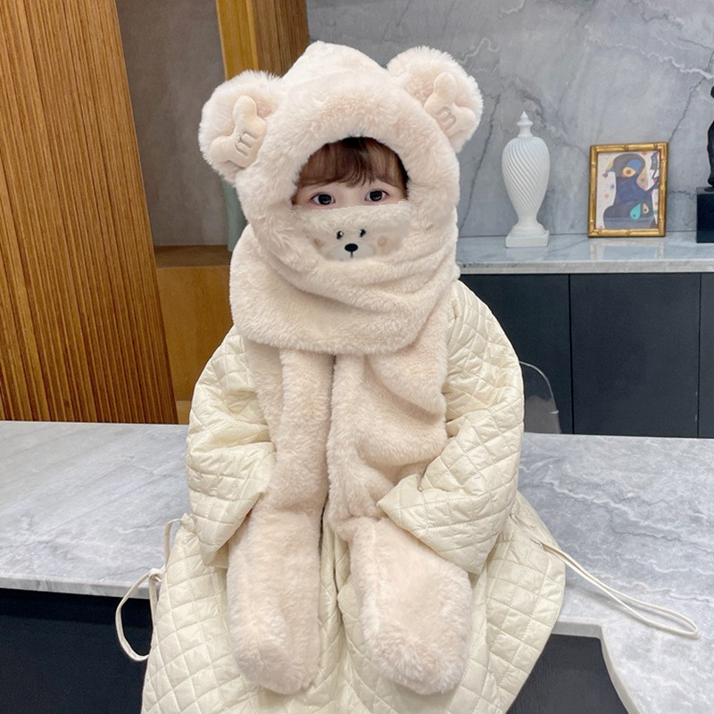 儿童毛绒帽手套口罩一体儿童帽冬季帽子护耳连帽防风保暖护耳帽