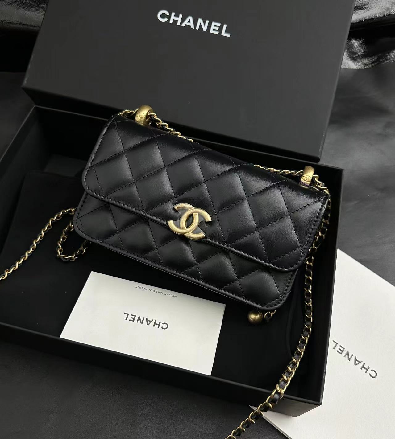 99新  黑黑中古/Chanel 黑金 双金珠 法棍包 芯片款 17cm 6258394
