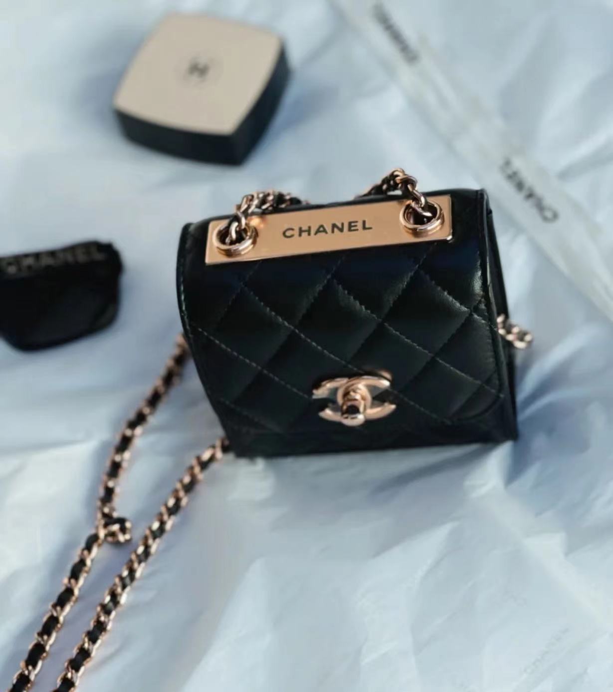 95新  黑黑中古/chanel 黑金mini trendy cc盒子包  6477472