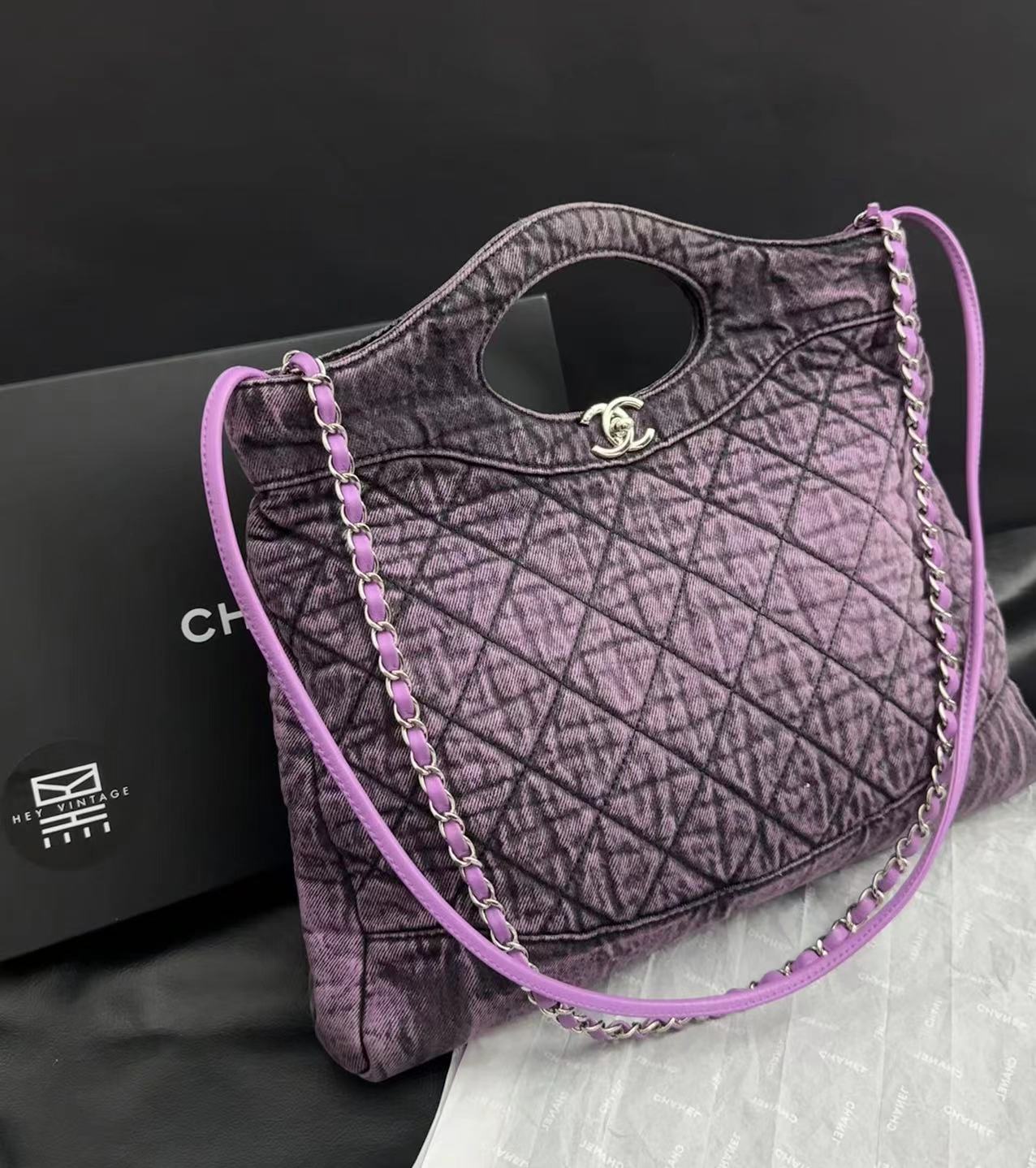 95新  黑黑中古/Chanel 紫色牛仔31bag包 29开 38cm 6495447