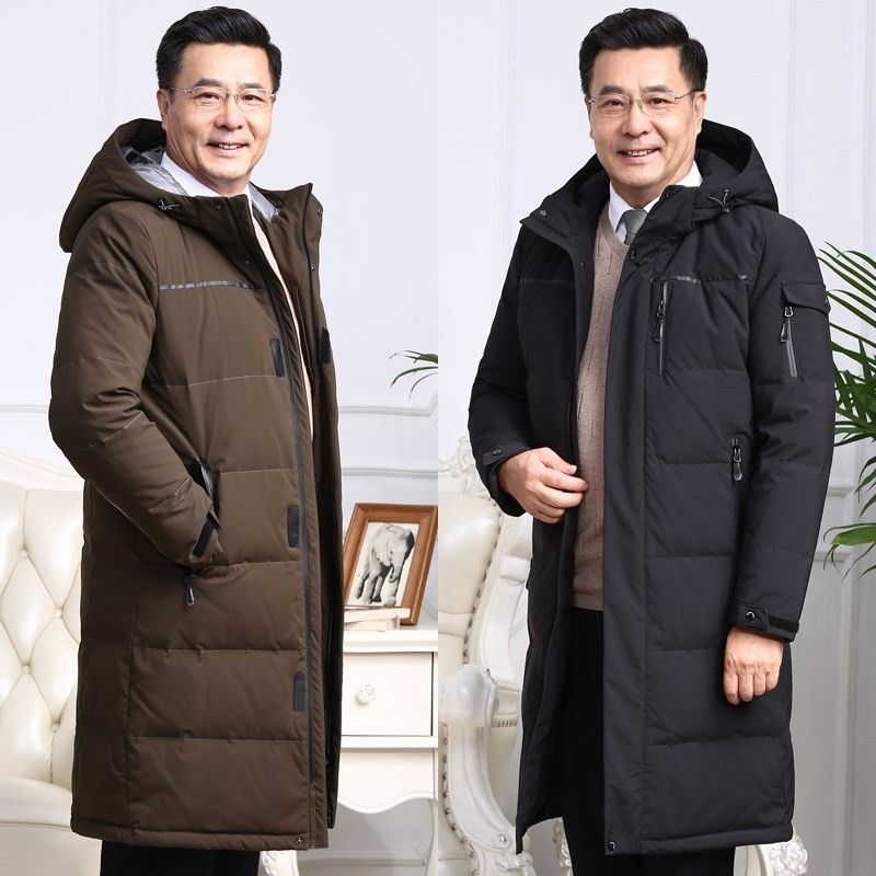 雪中飞加厚长款过膝中老年人羽绒服男中年爸爸冬装外套大码爷爷冬