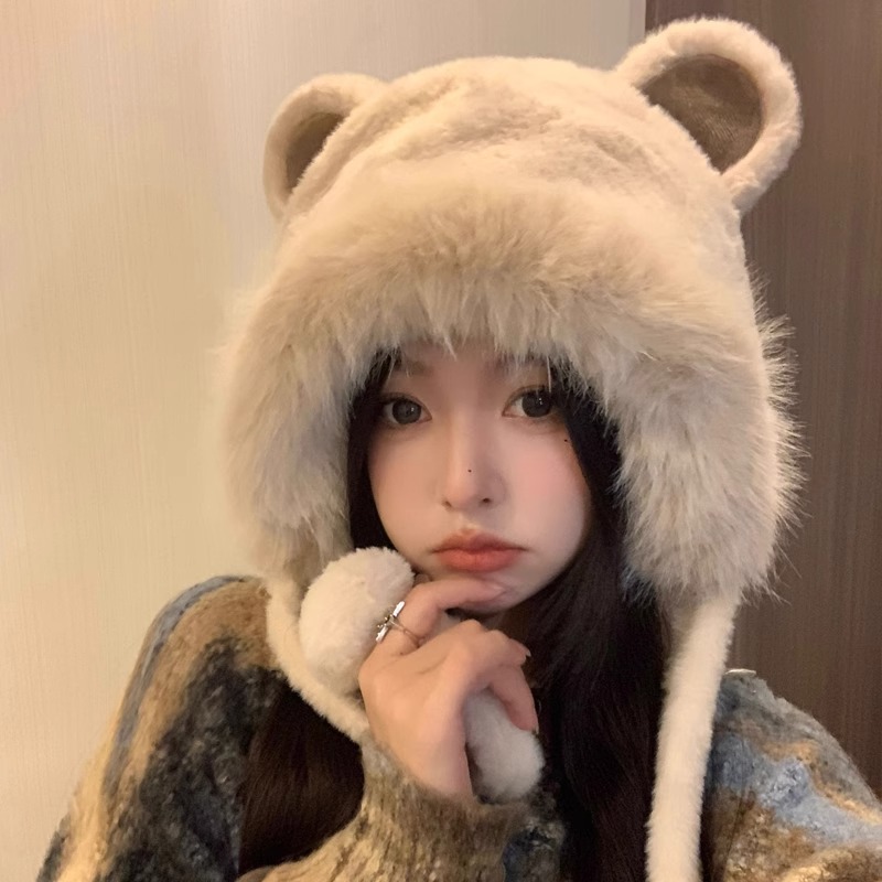 网红可爱毛绒雷锋帽子女秋冬保暖加厚熊耳朵东北护耳包头帽骑车帽