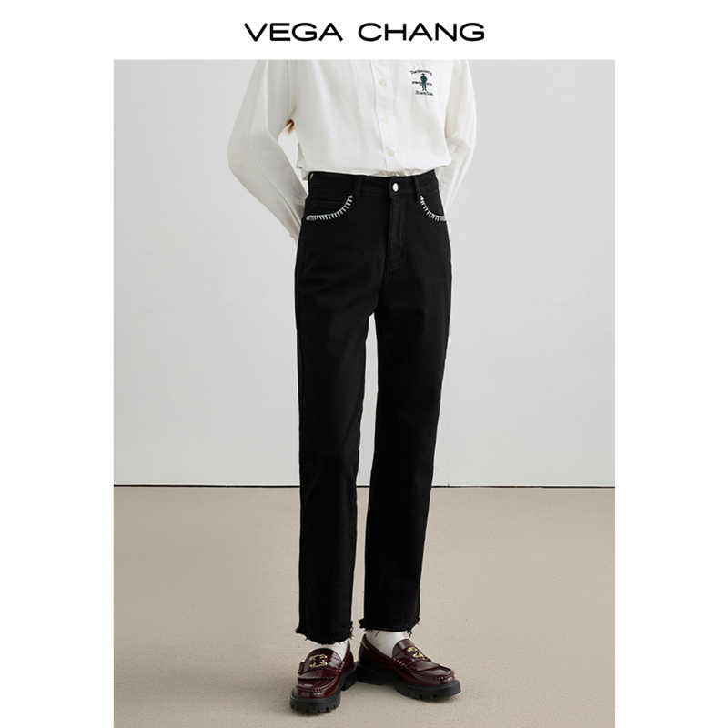 VEGA CHANG锥型直筒飒爽气场气质春款毛边牛仔裤黑色直筒烟管裤子