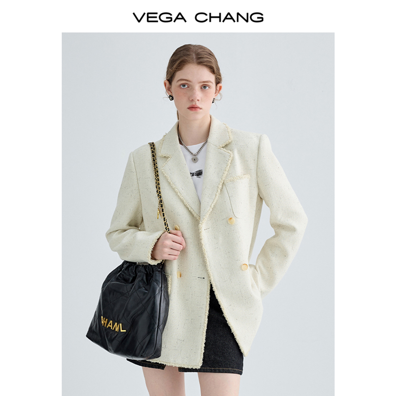 VEGA CHANG2024春款时尚休闲复古设计感小众白西装外套气质女