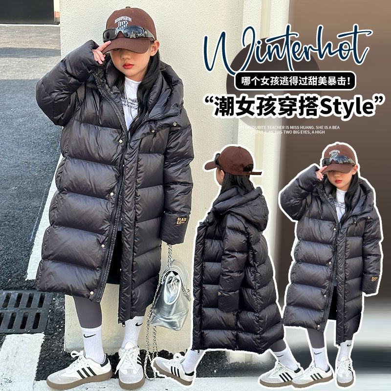 儿童中长款羽绒服服韩版洋气女童中长款冬季大童加厚连帽棉衣外套