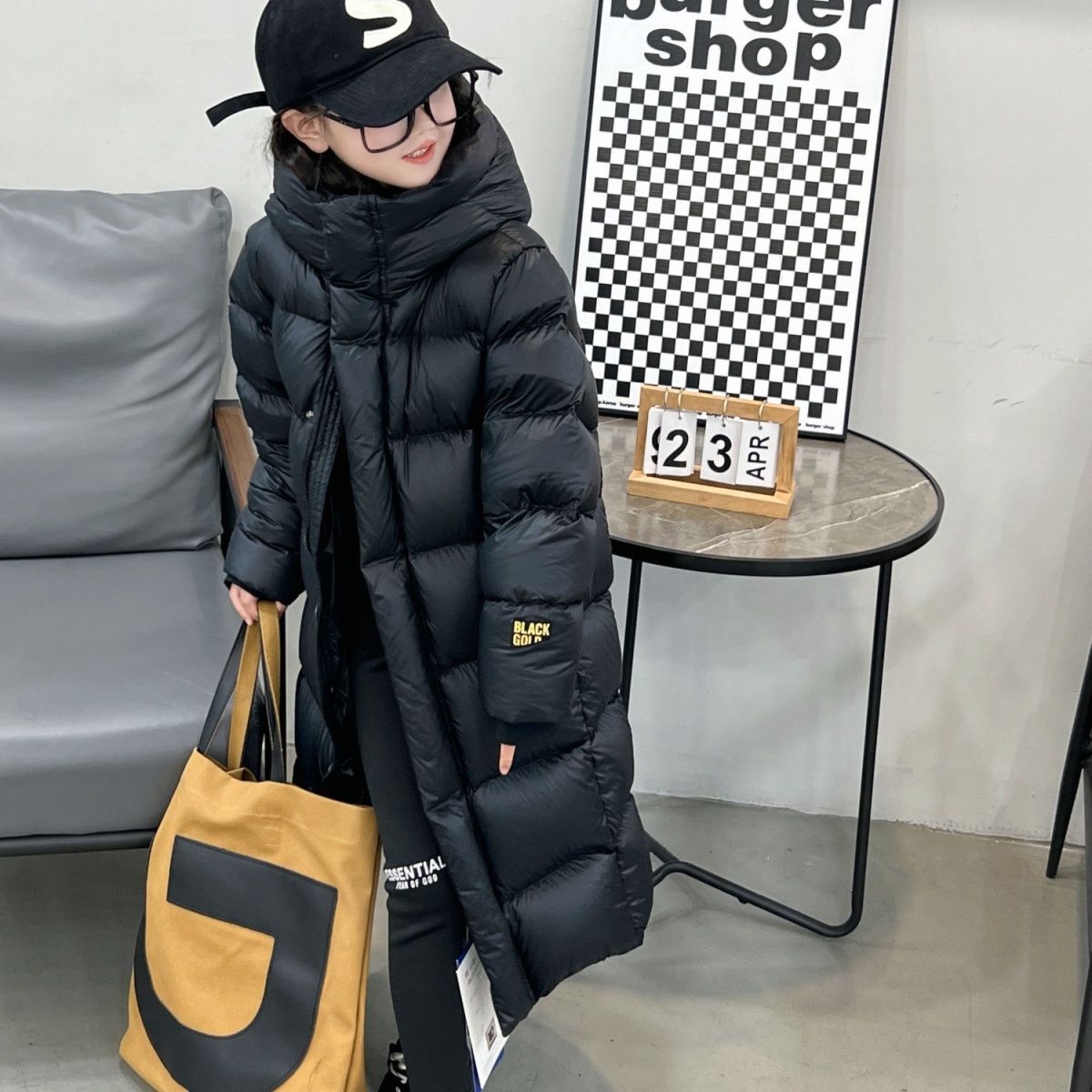 波司僜23新款羽绒服女童冬装棉衣外套黑金羽绒棉服2023新款加厚长