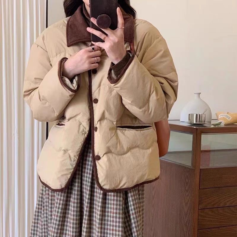 新款2023羽绒服轻薄服女短款拼接灯芯绒小香风年新款冬季袄保暖外