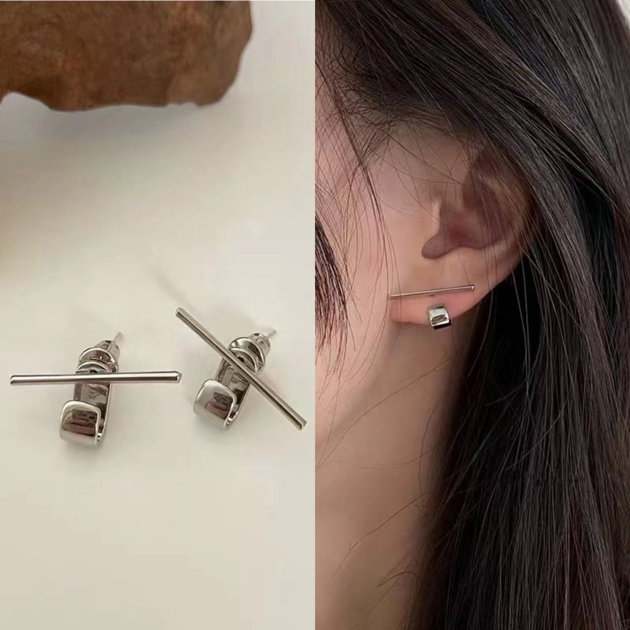 s925银针一字u形耳钉简约女小巧韩国气质网红个性耳饰
