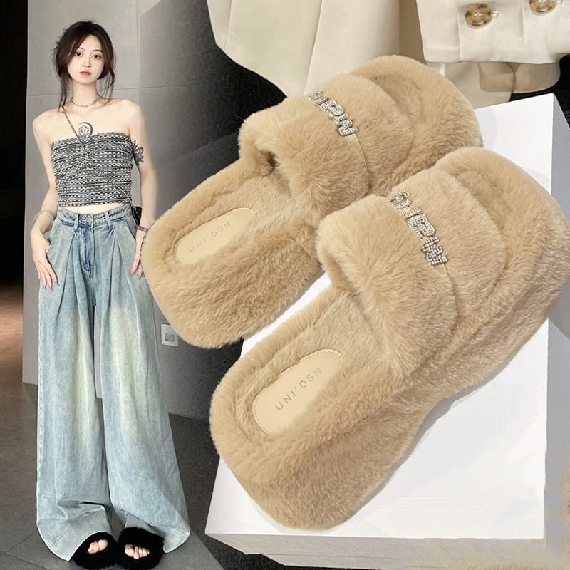 百丽纯爱法式厚底毛毛拖鞋女外穿2023秋冬新款高级感水钻小个子松