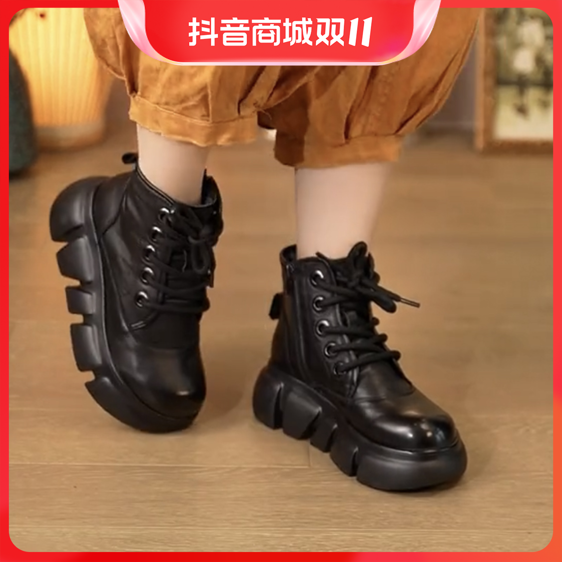 百丽纯爱真皮马丁靴女2023爆款圆头高颜值短靴厚底时尚大气单靴