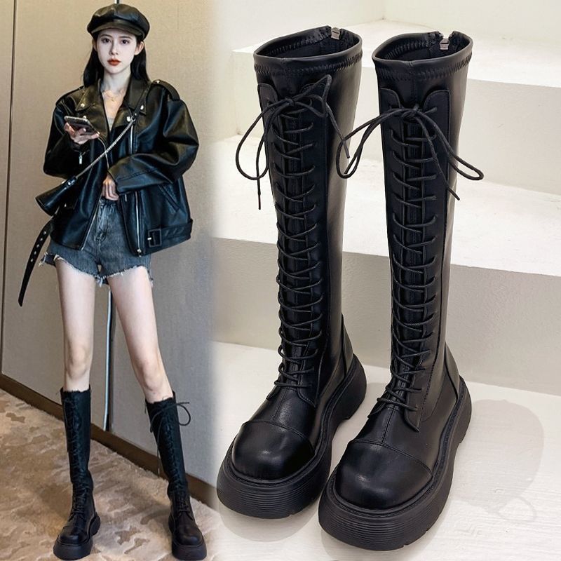 百丽纯爱秋冬鞋系带长筒靴女2023年秋冬季新款厚底靴不过膝高筒长