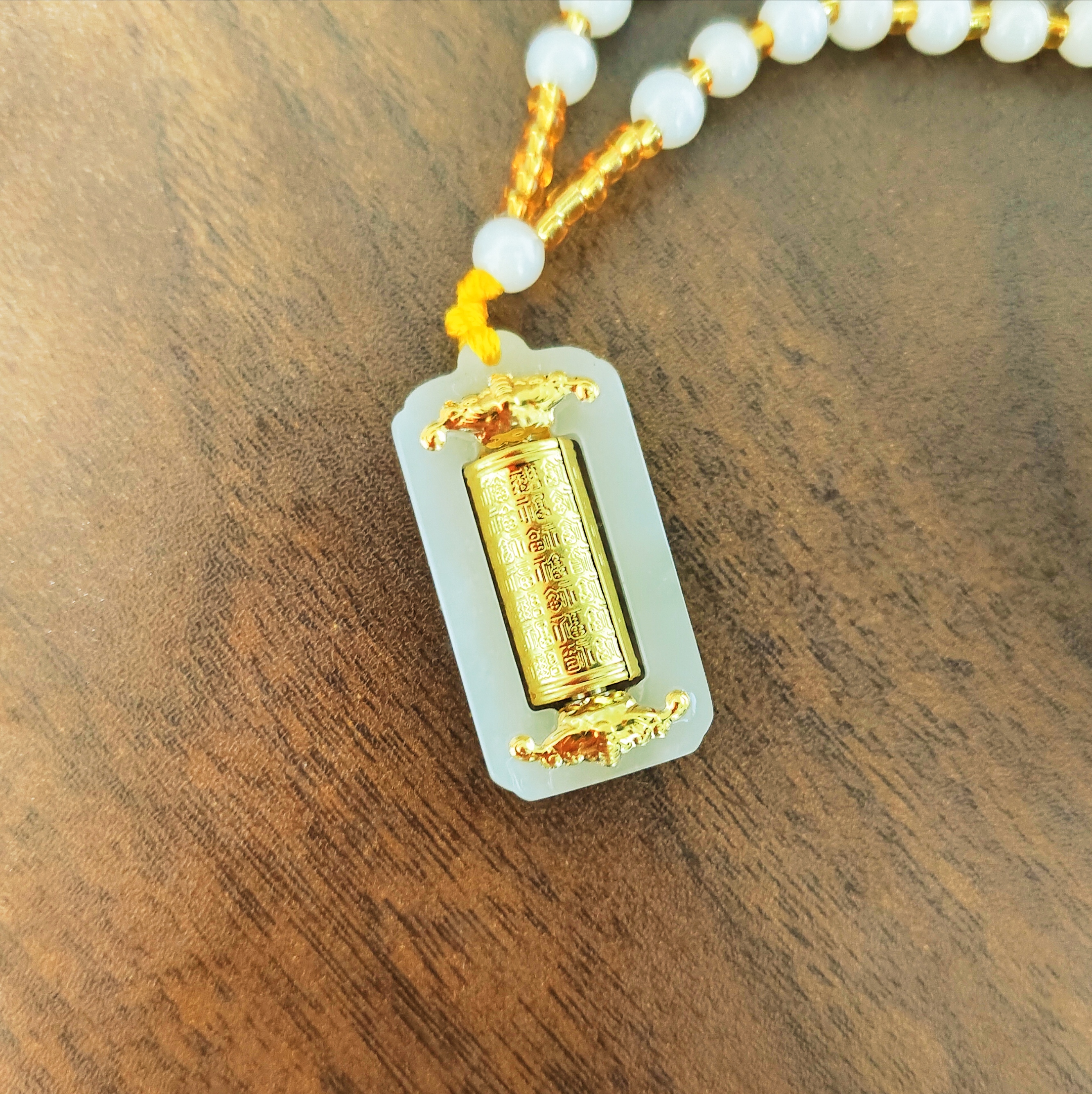 【含999金】和田玉摆福转经筒吊坠足金镶嵌（白链）A099