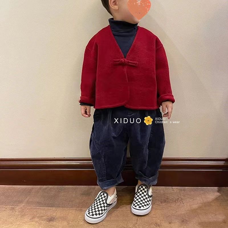 朵美巴拉巴拉宝宝儿童盘扣红色外套2022秋冬季国风拜年款上衣唐z