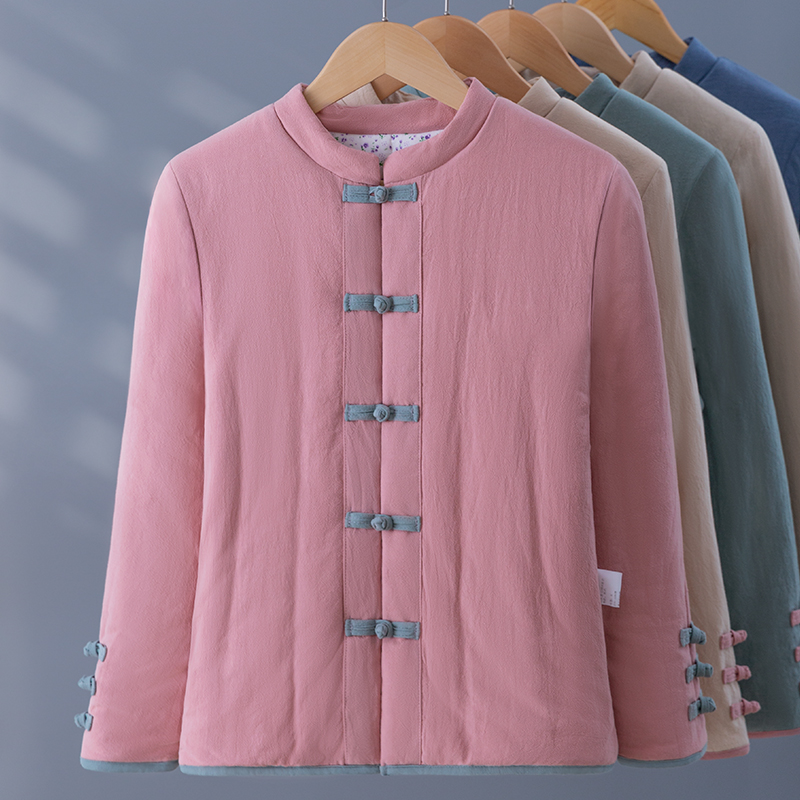 TY民族风中式中国风立领复古文艺保暖花秋冬盘扣袄绒衣夹服薄上衣