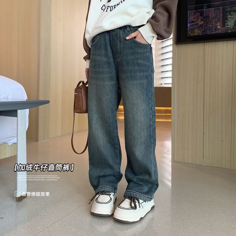 女童加绒复古牛仔裤冬装一体绒保暖直筒裤春秋款中大童百搭阔腿裤