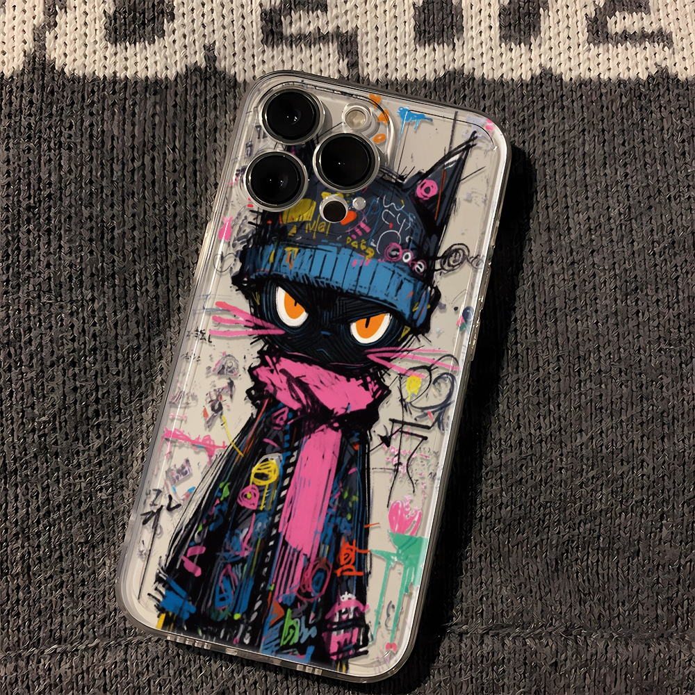 油画小黑猫iphone14promax苹果15手机壳13卡通12创意个性小众简约