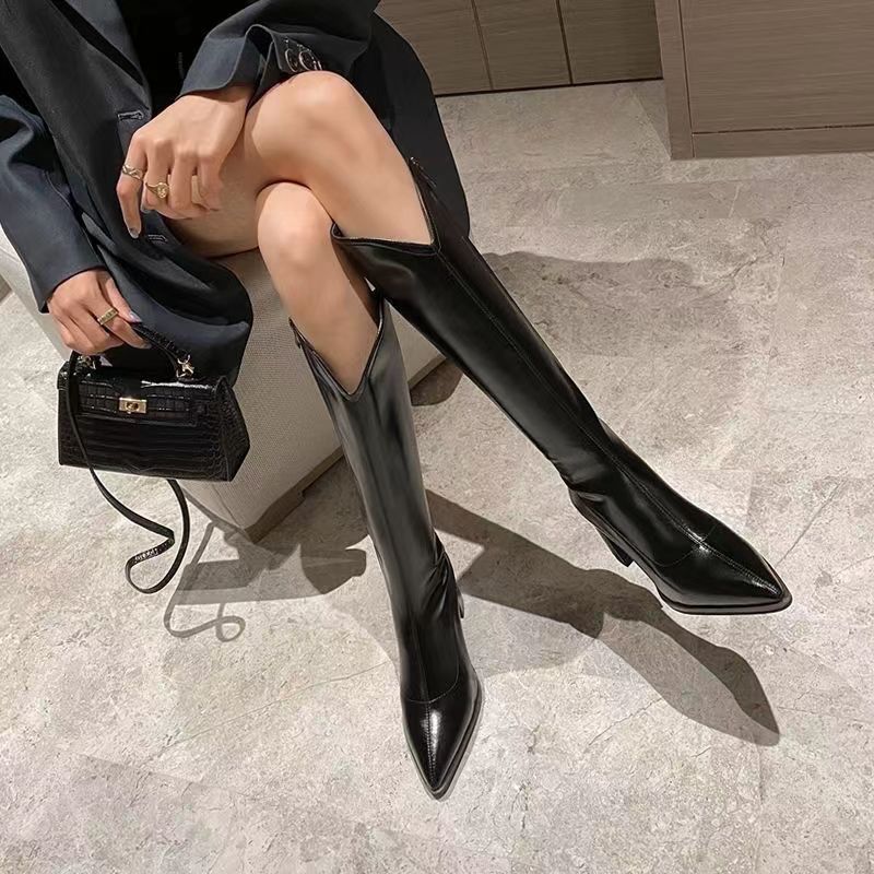 百丽纯爱2023尖头高跟瘦瘦靴V口瘦瘦长靴女真皮长筒靴骑士靴粗跟