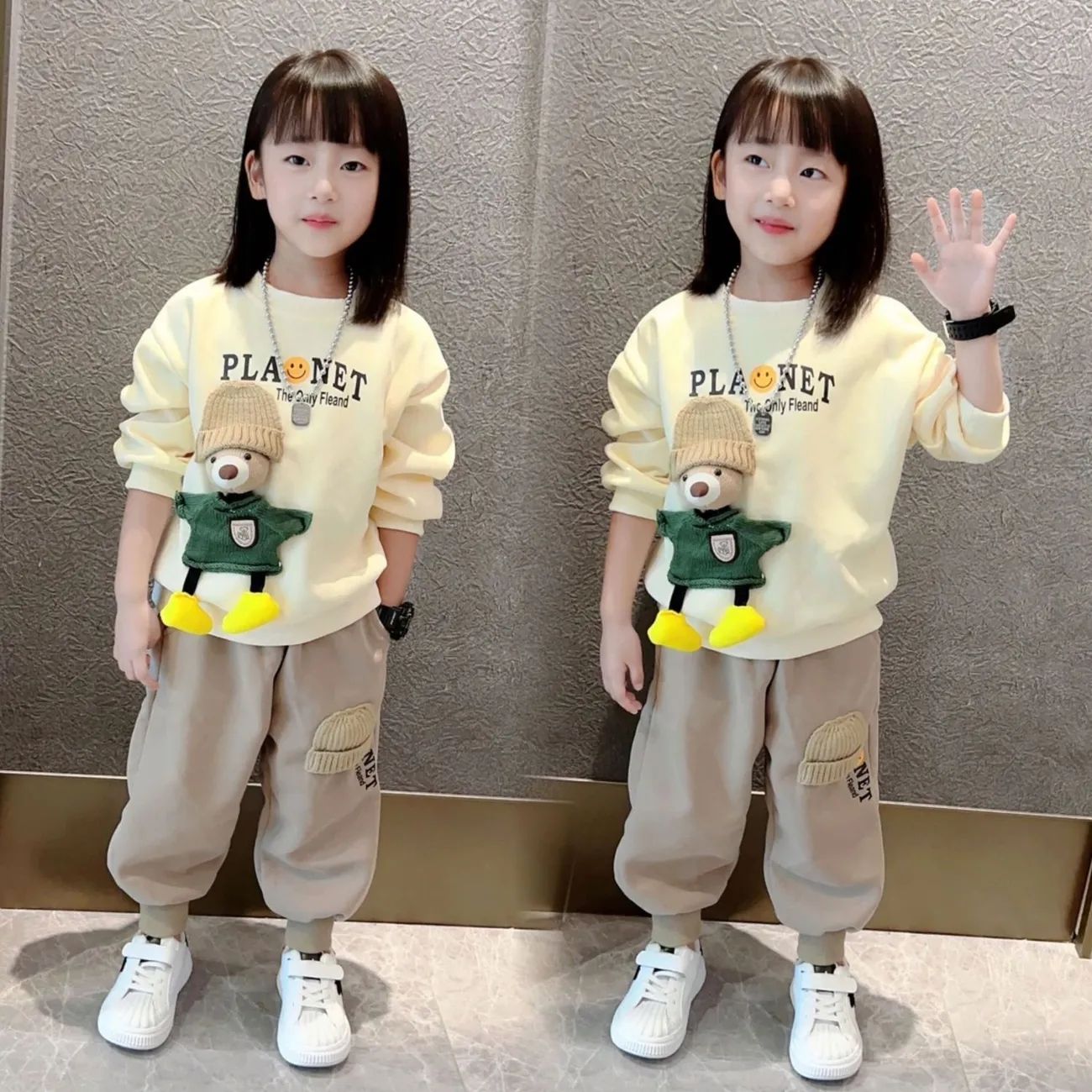 女童加绒卫衣套装新款秋冬季儿童立体帽子小熊休闲春秋两件套