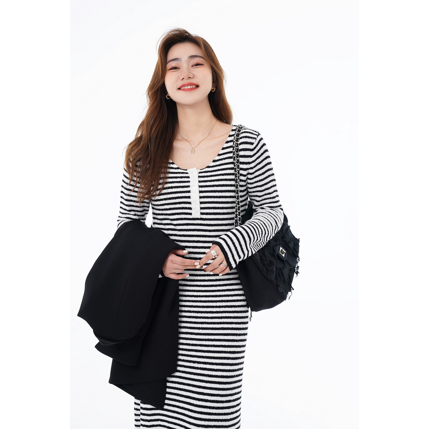 现货折扣3142D大婉酱微胖定制 条纹显瘦秋冬季内搭连衣裙