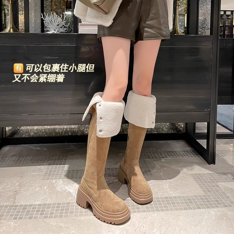 显瘦过膝靴女两穿雪地靴加厚加绒小个子增高西部靴棕色高筒骑士靴