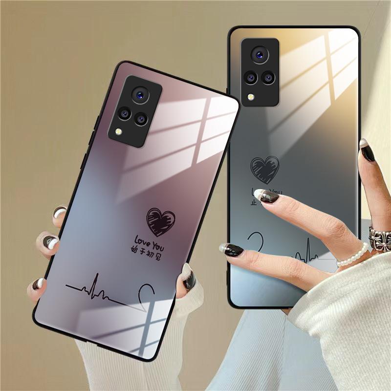 适用于vivos9手机壳S9爱心渐变女防摔玻璃硬壳全包式