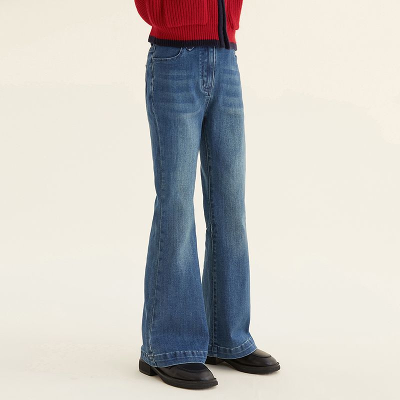 韩国潮牌女童纯色抓绒微喇叭秋冬儿童宝宝韩版洋气弹力舒适牛仔裤